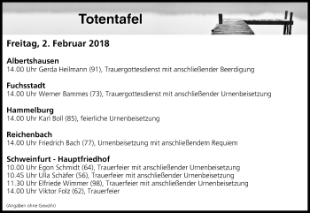 Anzeige von Totentafel vom 02.02.2018 von MGO
