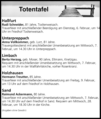Anzeige von Totentafel vom 06.02.2018 von MGO