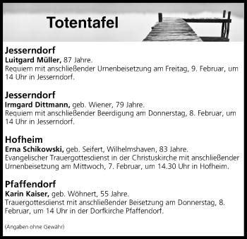Anzeige von Totentafel vom 07.02.2018 von MGO