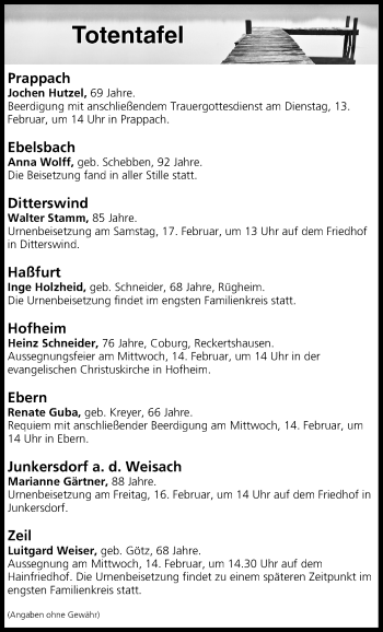 Anzeige von Totentafel vom 13.02.2018 von MGO