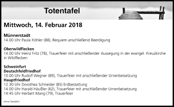 Anzeige von Totentafel vom 14.02.2018 von MGO