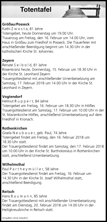 Anzeige von Totentafel vom 15.02.2018 von MGO
