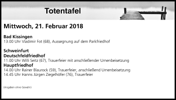 Anzeige von Totentafel vom 21.02.2018 von MGO