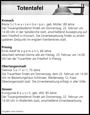 Anzeige von Totentafel vom 21.02.2018 von MGO