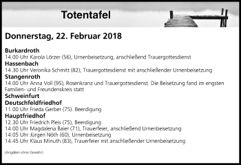 Anzeige von Totentafel vom 22.02.2018 von MGO