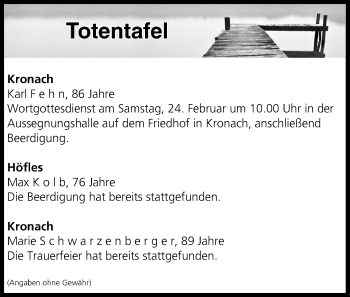 Anzeige von Totentafel vom 23.02.2018 von MGO