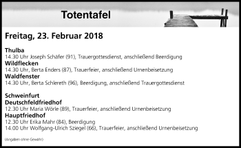 Anzeige von Totentafel vom 23.02.2018 von MGO