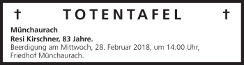 Anzeige von Totentafel vom 26.02.2018 von MGO