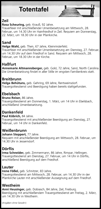 Anzeige von Totentafel vom 27.02.2018 von MGO