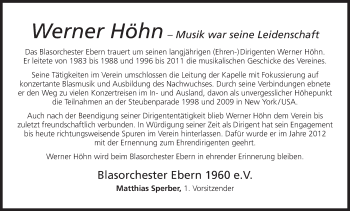 Anzeige von Werner Höhn von MGO