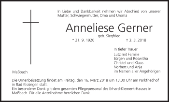 Anzeige von Anneliese Gerner von MGO