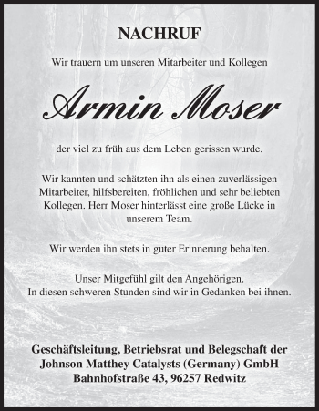 Anzeige von Armin Moser von MGO