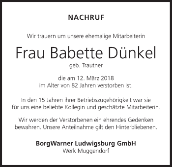 Anzeige von Babette Dünkel von MGO