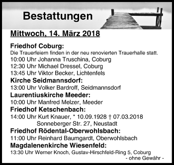 Anzeige von Bestattungen vom 14.03.2018 von MGO