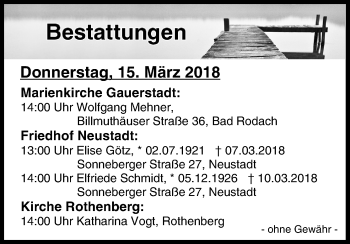 Anzeige von Bestattungen vom 15.03.2018 von MGO