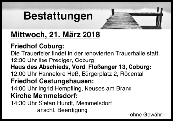 Anzeige von Bestattungen vom 21.03.2018 von MGO