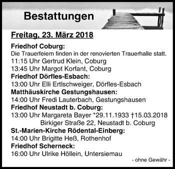 Anzeige von Bestattungen vom 23.03.2018 von MGO