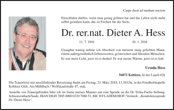 Anzeige von Dieter A. Hess von MGO