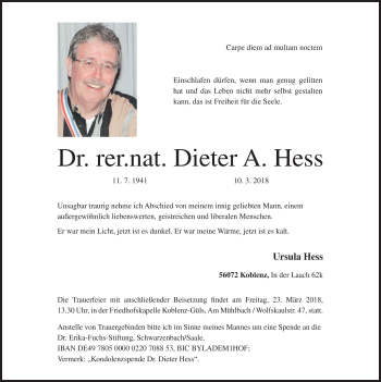 Anzeige von Dieter A. Hess von MGO