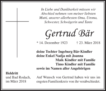 Anzeige von Gertrud Bär von MGO