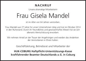 Anzeige von Gisela Mandel von MGO