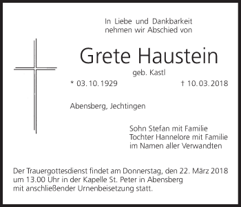 Anzeige von Grete Haustein von MGO