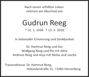 Anzeige von Gudrun Reeg von MGO