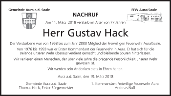 Anzeige von Gustav Hack von MGO