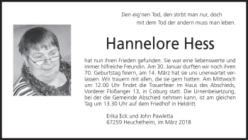 Anzeige von Hannelore Hess von MGO