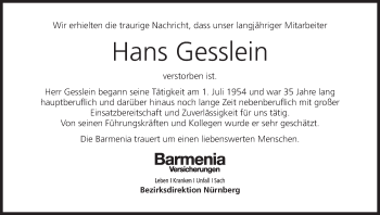 Anzeige von Hans Gesslein von MGO