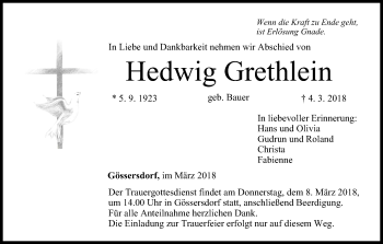 Anzeige von Hedwig Grethlein von MGO