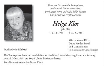 Anzeige von Helga Klos von MGO