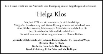 Anzeige von Helga Klos von MGO
