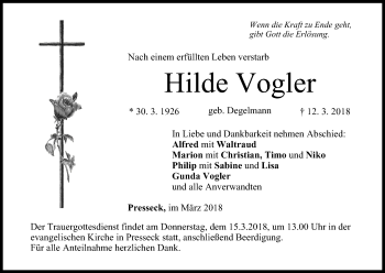 Anzeige von Hilde Vogler von MGO