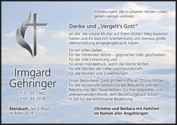 Anzeige von Irmgard Gehringer von MGO