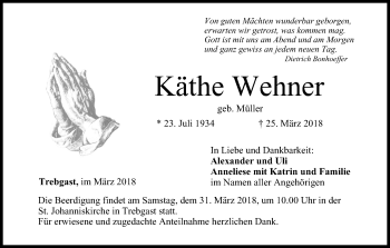 Anzeige von Käthe Wehner von MGO