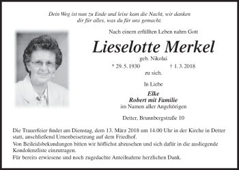 Anzeige von Lieselotte Merkel von MGO