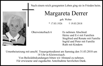Anzeige von Margareta Derrer von MGO