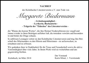 Anzeige von Margarete Biedermann von MGO