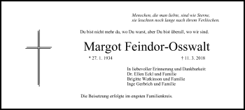 Anzeige von Margot Feindor-Osswalt von MGO