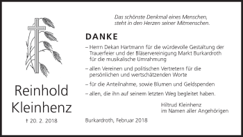 Anzeige von Reinhold Kleinhenz von MGO