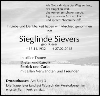 Anzeige von Sieglinde Sievers von MGO