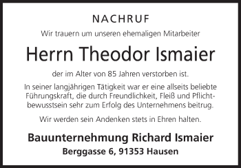 Anzeige von Theodor Ismaier von MGO