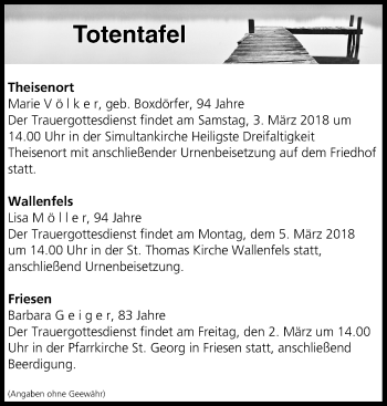 Anzeige von Totentafel vom 02.03.2018 von MGO