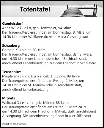 Anzeige von Totentafel vom 08.03.2018 von MGO