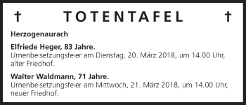 Anzeige von Totentafel vom 17.03.2018 von MGO