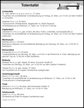 Anzeige von Totentafel vom 20.03.2018 von MGO