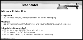 Anzeige von Totentafel vom 21.03.2018 von MGO