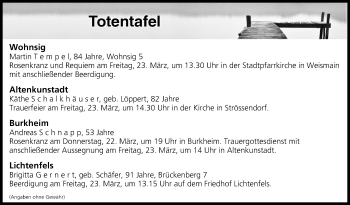 Anzeige von Totentafel vom 22.03.2018 von MGO