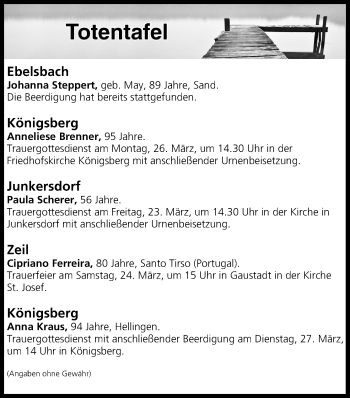 Anzeige von Totentafel vom 23.03.2018 von MGO